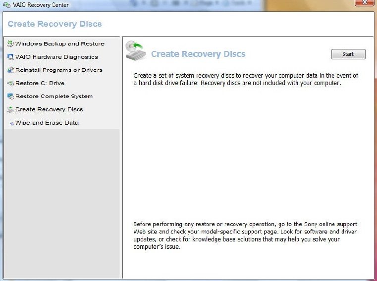 create Sony VAIO recovery disk