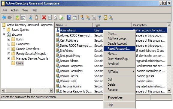 reset domain user password