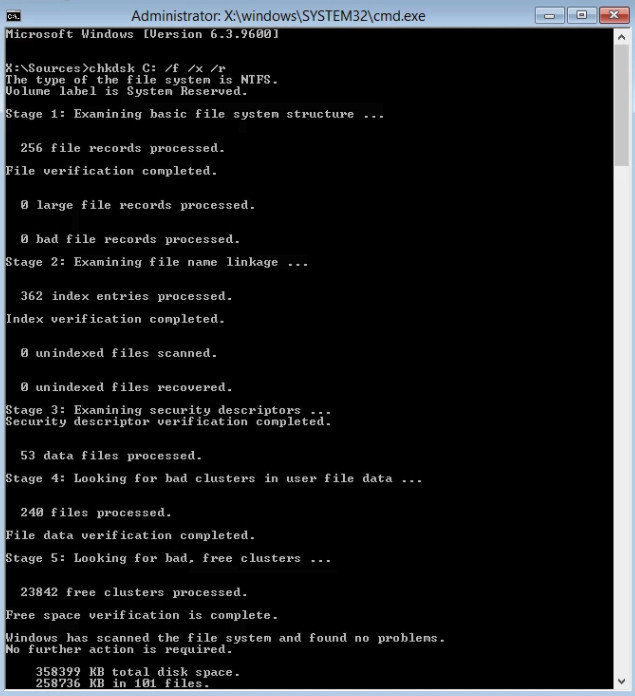 chkdsk result screen