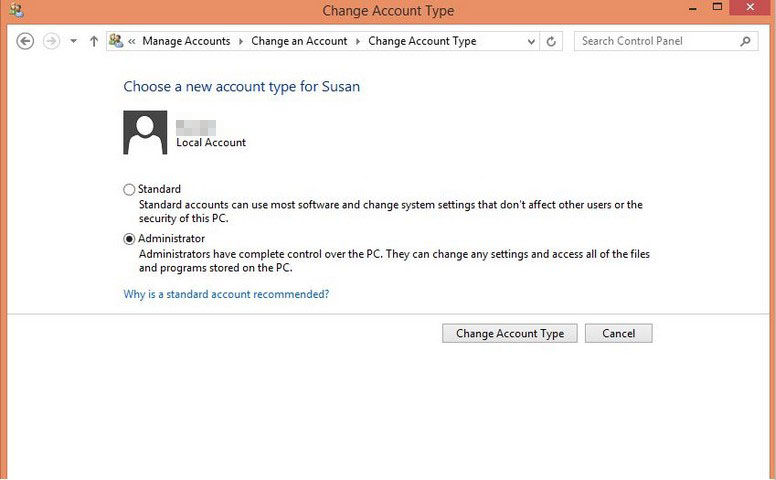 change account type to administrator in windows 8
