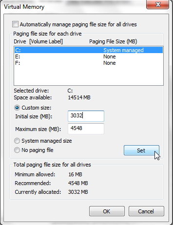 custom size of page file