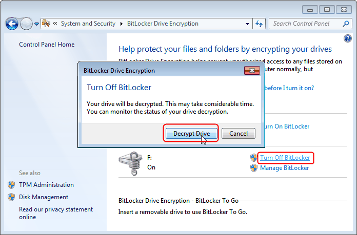 start decrypting bitlocker encrypted drive