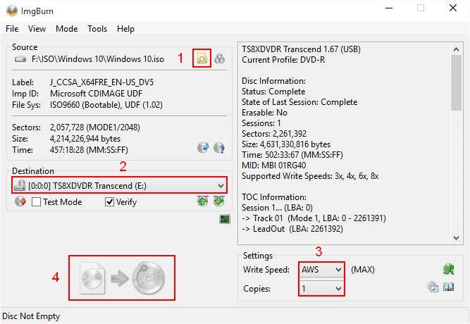 write iso image file to disc with imgburn operations