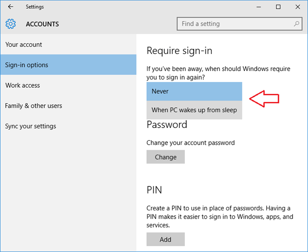 prevent windows requiring sign in password after sleep mode