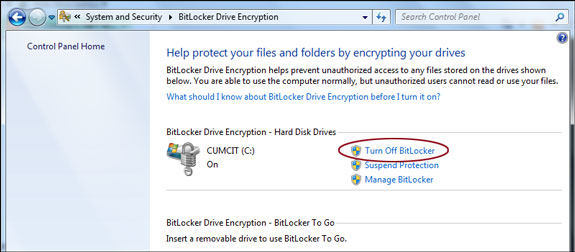 choose a drive to turn off bitlocker