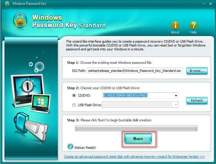 burn password recovery iso into usb drive
